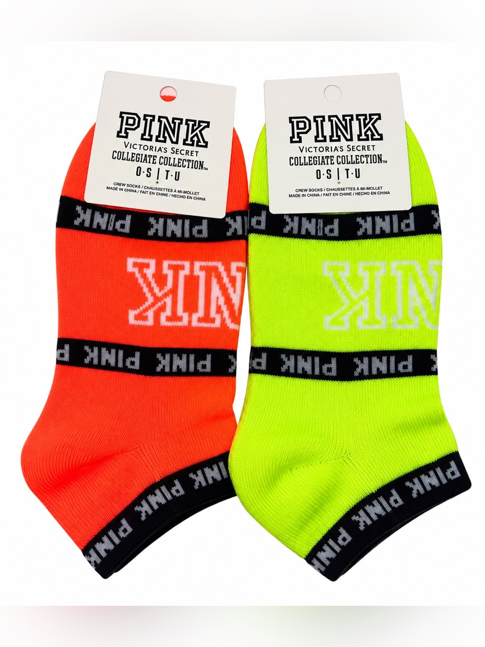 Victoria’s Secret PINK Collegiate Crew Socks Neon Orange Lime 2 Pair NWT